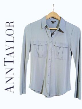ANN TAYLOR Dusty Blue Tricot Button Down Blouse
